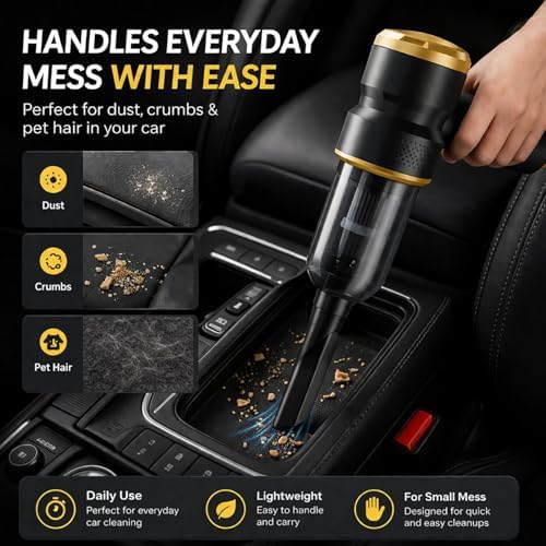 Handheld Car Vacuum Cleaner, 4-in-1 Cordless Rechargeable Mini Vacuum with Air Duster – Quickly Clean Crumbs, Pet Hair & Crevices in Car, Office, Home. Ideal for Commuters & Office Workers (Gold) - Image 2