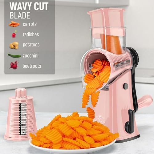 Rotary Cheese Grater Manual Hand Crank 5 Blade Shredder, Peach & Black - Image 4