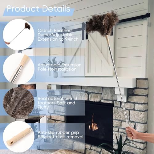 THARAHT Extendable Ostrich Feather Duster up to 27-94 inches Fluffy Feathers Long Handle Reusable for Cleaning Ceiling Fan Pendant lamp High Ceiling Blinds Furniture Feather Duster - Image 3