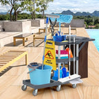 Commercial Janitorial Cleaning Cart on Wheels - Black Housekeeping Caddy with Cover, Shelves and Vinyl Bag - Image 7