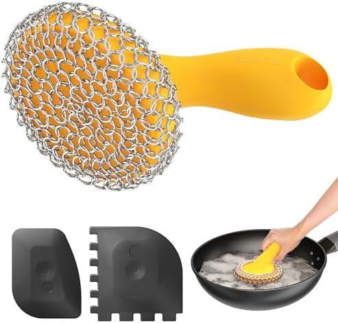 SUBEKYU Cast Iron Scrubber with Silicone Handle, Stainless Steel Skillet Cleaner for Cast Iron Pans (Yellow Scrubber + Scraper) by SUBEKYU