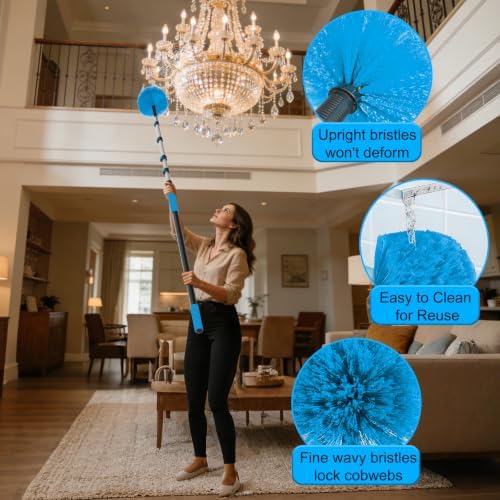 30FT Reach Cobweb Duster with Extension Pole - Spider Web Brush for Cleaning with 5-24FT 5-Section Flip-Lock Telescopic Pole, Effortlessly Cleans High Indoor & Outdoor Webs - Image 6