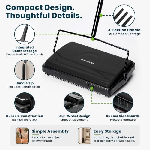 Alpine Manual Carpet Sweeper Triple Brush – Cordless Non Electric Multi-Surface Floor Brush Hardwood Floor Cleaner Easy Sweeping for Carpeted Floors (Improved Black) - Image 4