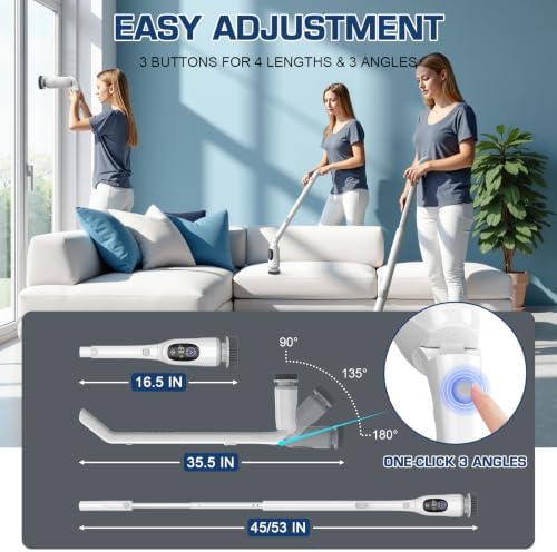 Electric Spin Scrubber, 200Mins Runtime Bathroom Scrubber with 3-Speed & LCD Display, Full-Body IPX7 Shower Scrubber with 8 Heads for Bathtub Kitchen Floor Grout, 53IN Extendable Handle - Image 5