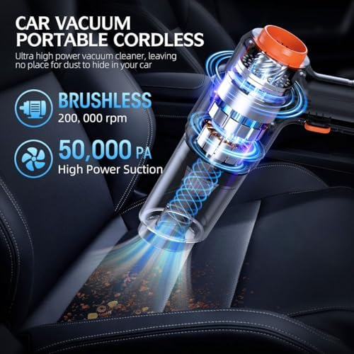 Car Vacuum Portable Cordless, 50000Pa High Power Brushless Motor, Rechargeable Handheld Vacuum with 2 Batteries & Charger, 6-in-1 Vacuum Cleaners for Home, Pet Hair & Keyboard, Ink Black - Image 2