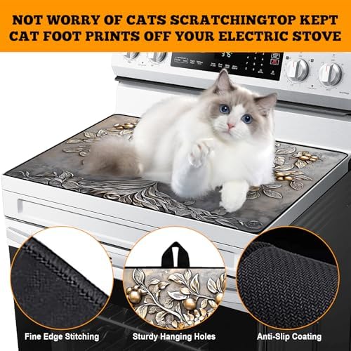 Multi-Design Stove Top Cover for Glass/Electric Stoves - 3-in-1 Heat-Resistant Protector Mat, Non-Slip Drying Rack 28"x20" (Silver Fruit Tree, 28" L x 20" W) - Image 4
