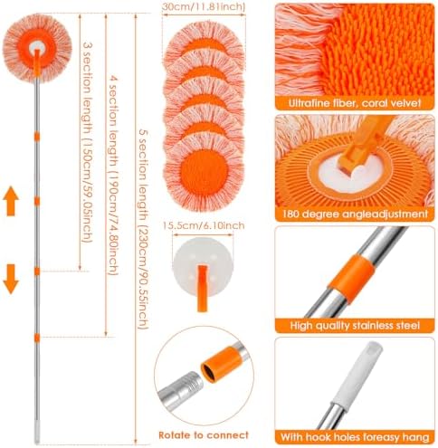 Wall Cleaner Mop with 90" Long Handle, Baseboard Cleaner Tool Duster, Round Dust Mop with 5 Replacement Pads , Dry and Wet Ceiling Cleaning Tool for Painted Walls, Window, Floor - Image 3