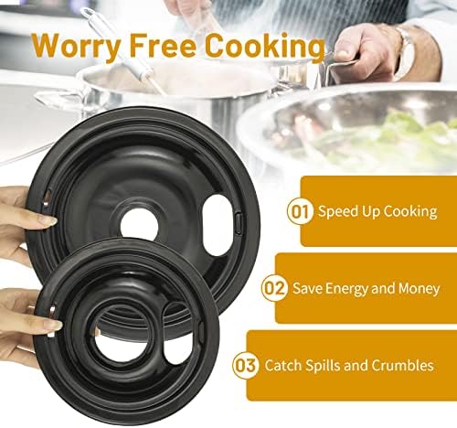 4 Pack Black Drip Pans, Compatible with Whirpool Kenmore Frigirate Stove Top Drip Bowls. Include 3 Pcs 6'' Range Replacement Drip Pans and 1 Pcs 8 '' Cooktop Drip Pans - Image 5