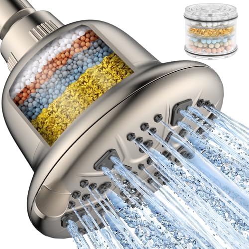MakeFit Filtered Shower Head Brushed Nickel - High Pressure Shower Head with Filter for Hard Water Softener - 7 Settings Bathroom Rain Showerhead to Remove Chlorine and Heavy Metals by MakeFit