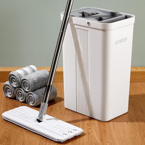 JOYMOOP Flat Mop System, Microfiber Mop and Bucket Set, White, Household & Commercial Floor Cleaning Mop with Long Handle, Wet & Dry Cleaning for Hardwood Floors, Includes 5 Pads by JOYMOOP
