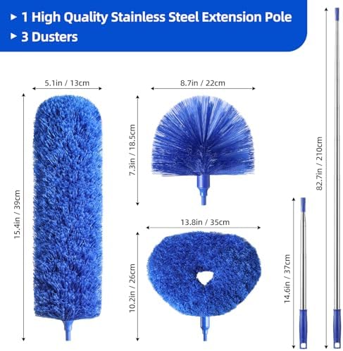 Microfiber Duster for High Ceiling Fan Blades, Cobweb with Extension Pole Adjusts 15-82 Inch, Reusable Cleaning Duster Kit with 3 Duster Heads for Wall Blinds Door Furniture Bookshelves (Blue) - Image 2