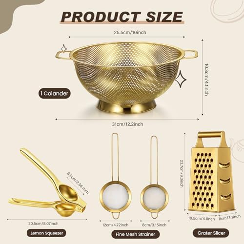 Sawysine 5 Pcs Gold Kitchen Appliances Includes 4 Quart Gold Colander and 2 Pcs Strainer Set, Lemon Squeezer, Stainless Steel 4 Sides Grater Slicer with Handle for Kitchen - Image 2