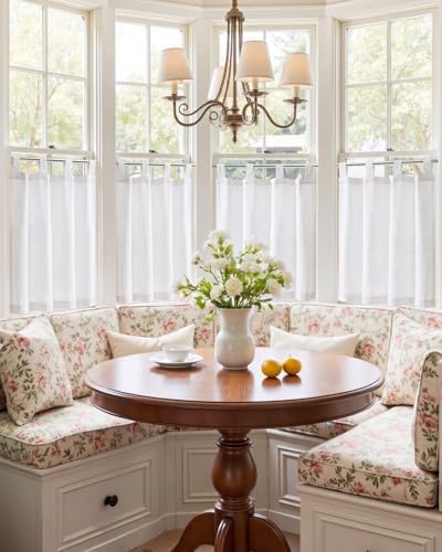 jinchan Linen Tier Curtains, Tab Top, 26x30, 2 Panels, Beige White - Image 2