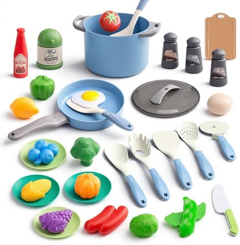 35Pcs Kids Kitchen Toy Accessories, Toddler Pretend Cooking Playset with Play Pots, Pans, Utensils, Cookware, Play Food Set, Toy Vegetables, Learning Gift for Girls & Boys (Blue) by JOKERKING