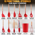 12 Pcs Red Kitchen Utensils Set with Holder – Versatile Silicone Utensils Set for Cooking and Baking, Gentle on Pots and Pans, Heat-Resistant, Stylish, Easy to Clean, Red Kitchen Accessories - Image 2