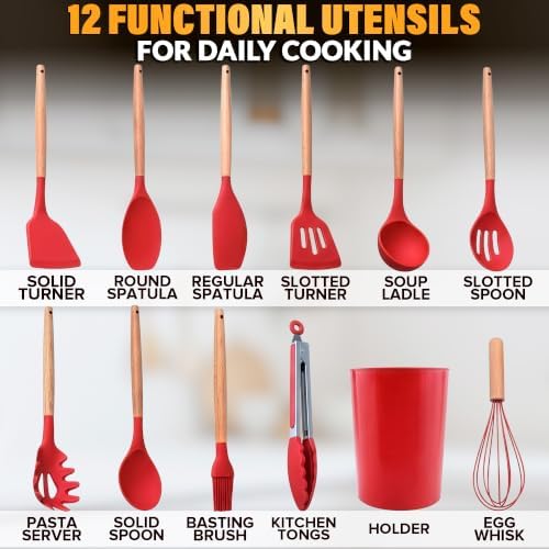 12 Pcs Red Kitchen Utensils Set with Holder – Versatile Silicone Utensils Set for Cooking and Baking, Gentle on Pots and Pans, Heat-Resistant, Stylish, Easy to Clean, Red Kitchen Accessories - Image 2