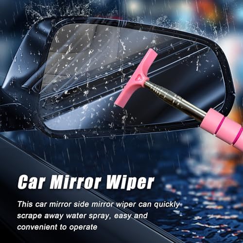 Dickno Car Side Mirror Squeegee, 35.6'' Retractable Rearview Mirror Wiper, Mini Portable Auto Window Squeegee Cleaner, Universal Vehicle Glass Cleaning Tool for Rainy Foggy Weather (Pink) - Image 3