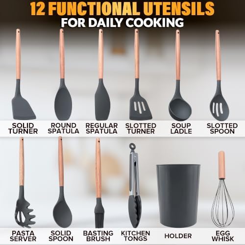 12 Pcs Cooking Kitchen Accessories Set with Holder, Silicone Heads (Gray) - Image 2
