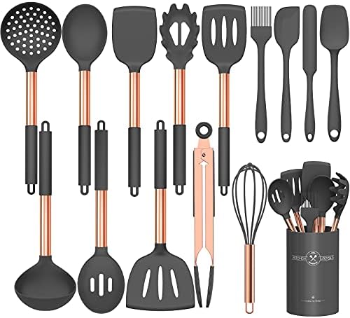 Silicone Cooking Utensil Set, Umite Chef Kitchen Utensils 15pcs Cooking Utensils Set Non-stick Silicone Rose Gold Handle Cooking Tools Whisk Kitchen Tools Set -Grey by UmiteChef