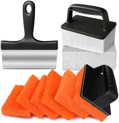 Griddle Cleaning Kit for Blackstone,11 Pieces Flat Top Grill Cleaning Kit with Grill Stone,Griddle Scraper,Scouring Pad and Handles,Cleaner Tool Set Griddle Accessories for Rusty Grills [Black+Orange] by WSGALARY