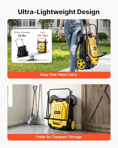 VEVOR Walk-Behind Hand Push Floor Sweeper, Manual Floor Sweeper Non-Electric with 25.6" Sweeping Width, 5 Gallons Waste Container & Adjustable Folding Handle for Yards Walkways Patios Garages - Yellow - Image 5