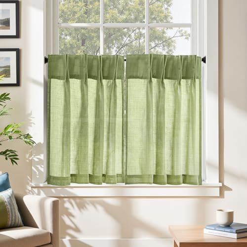 jinchan Linen Pinch Pleated Back Tab Tier Curtains, 26x30, Green - Image 3