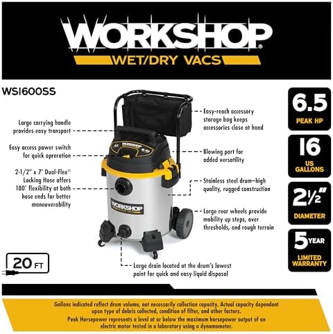 WORKSHOP Wet/Dry Vacs WS1600SS 16-Gallon 6.5 Peak HP Wet Dry Vacuum Cleaner - Image 3