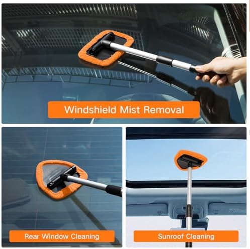 Qydipclin 10pcs Windshield Cleaner Tool, Car Window Cleaning Wash Kit with 4 Reusable Microfiber Pads 1 Spray Bottle and Extendable Handle Auto Glass Wiper Kit, Orange - Image 2