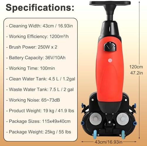 17" Power Mop Brushes Cordless Battery Powered Floor Scrubber with Dual Tanks (4.5L+7.5L), Commercial Floor Washer 13000 Sqft/H for Wood, Tile, Marble & Cement Floors Red - Image 3
