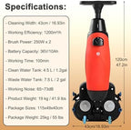 17" Power Mop Brushes Cordless Battery Powered Floor Scrubber with Dual Tanks (4.5L+7.5L), Commercial Floor Washer 13000 Sqft/H for Wood, Tile, Marble & Cement Floors Red - Image 3