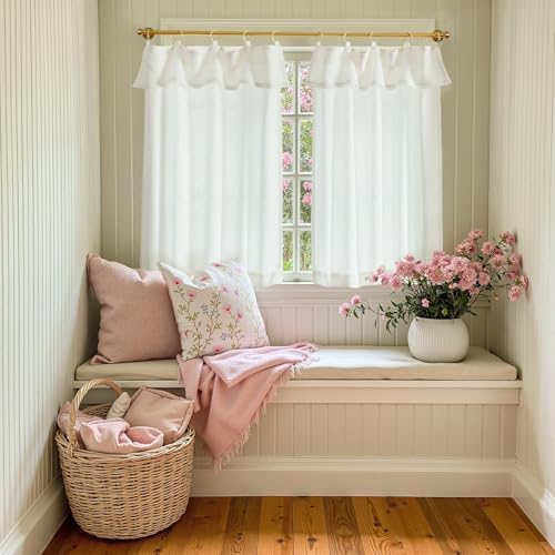 jinchan Linen Tier Kitchen Curtains, 30x36, 2 Panels, Beige White - Image 3
