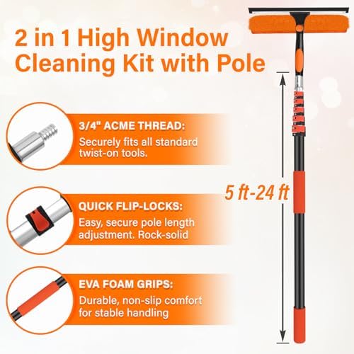 14" Extra-Wide Window Squeegee with 5-24FT Extension Pole - Image 3