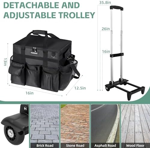 Large Rolling Cleaning Caddy Bag with Wheels, with Detachable Trolley, Cleaning Bags on Wheels for Housekeepers, Cleaning Cart Supplies Organizer for Home, Car, Picnic (Black) - Image 2