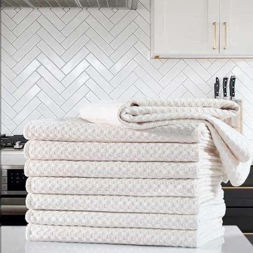 POLYTE Ultra Premium Microfiber Kitchen Dish Hand Towel Waffle Weave, 8 Pack (16x28 in, Off White) - Image 6