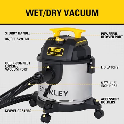 STANLEY 4 Gallon Wet Dry Vacuum, 4 Peak HP Stainless Steel 3 in 1 Shop Vacuum Blower with Powerful Suction, Vacuum for Job Site, Garage, Basement, Workshop, Top Handle, Portable Wet Dry Vac SL18301-4B - Image 5