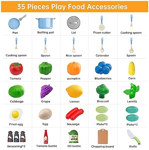 35Pcs Kids Kitchen Toy Accessories, Toddler Pretend Cooking Playset with Play Pots, Pans, Utensils, Cookware, Play Food Set, Toy Vegetables, Learning Gift for Girls & Boys (Blue) - Image 3