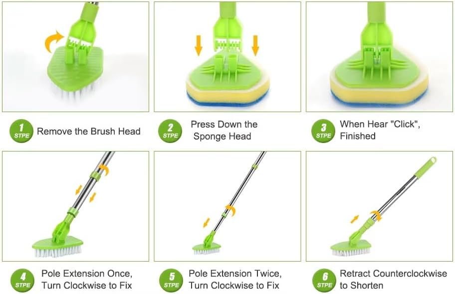 4-in-1 Tile Tub Floor Scrubber with 52-inch Adjustable Long Handle Shower Cleaner Brush with V-Shaped Grout Brush and 3 Replacement Brush Heads for Cleaning Bathroom Kitchen Walls Tub Tile - Image 6