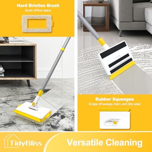 TidyBliss Baseboard Cleaner Tool with Handle, 55.9” Long Wall and Base Board Cleaning Mop, 4 Reusable Pads, 1 Stiff Bristle Scrubber Brush for Floorboard Ceiling Cabinet Window Bathroom (Yellow) - Image 4