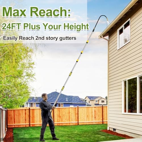 Buyplus 16FT(24FT Reach) Telescopic Gutter Cleaning Tools from the Ground, Long Reach Gutter Cleaner Wand with Hose Attachment, Rain Gutter Cleaner Tool with Extension Pole for 2nd Story House - Image 2