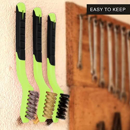 Lavaxon Wire Brush Set 3Pcs - Nylon/Brass/Stainless Steel Bristles with Curved Handle Grip for Rust, Dirt & Paint Scrubbing with Deep Cleaning – 7 Inches (Green) - Image 6