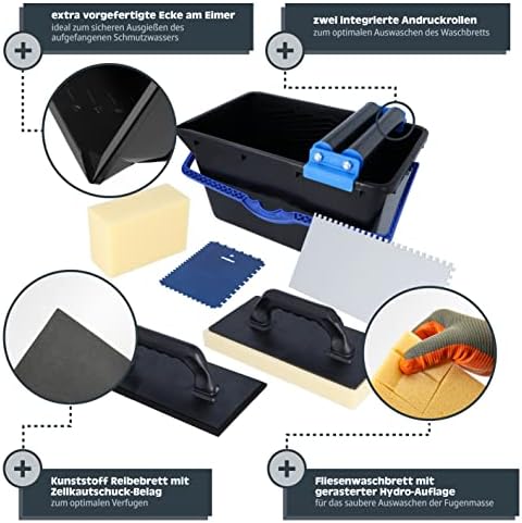 HELPMATE - Tile washing set 7 pcs. with 18-liter plastic bucket, double roller attachment, tile washing board, grouting board, smoothing trowel & sponge – for thorough cleaning during tiling work - Image 3