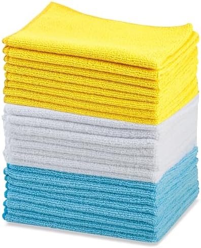 Amazon Basics Microfiber Cleaning Cloths, Ultra Absorbent, Lint Free, Streak Free, Non-Abrasive, Reusable and Washable, 16" x 12", Blue/White/Yellow, Pack of 24 by AmazonBasics