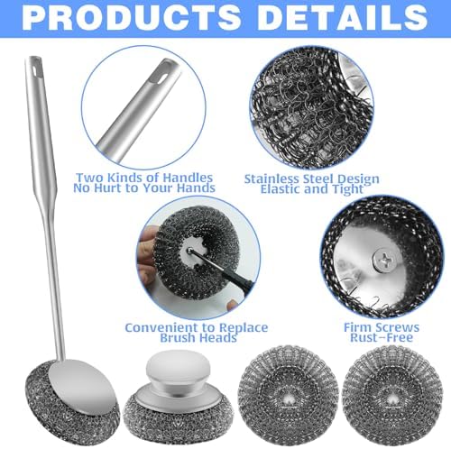 2Pcs Stainless Steel Wool Scrubber Sets, Dish Scrubber with Long Short Handle Stainless Steel Scrubber Cleaning Brush Metal Scrubber with Replacement, Steel Scrubber for Dishes Tableware Home Kitchen - Image 3