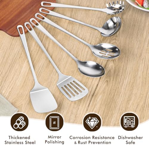 9 Pcs Cooking Utensils Set, Stainless Steel Kitchen Utensils, Heat Resistant Metal Kitchen Tools Include Solid & Slotted Turner Wok Spatula, Serving Spoon, Ladle, Pasta Server, Meat Fork, Tongs Silver - Image 2