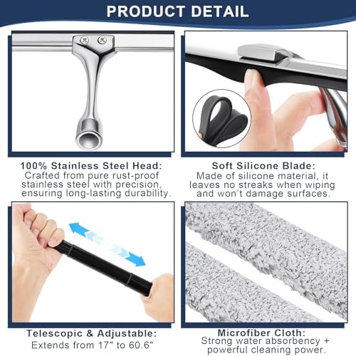 Metal Shower Squeegee with 17'' - 60'' Extension Pole for Window,Glass Door - Image 5