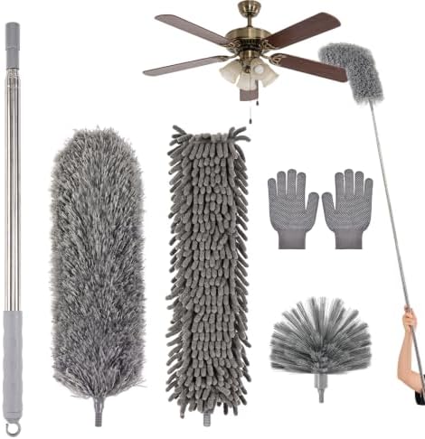 Microfiber Feather Duster 5-in-1 Kit with Extension Pole, Washable Cleaning Duster Set with 3 Duster Heads, Cobweb Duster, Corner Brush, 100'' Extendable Long Duster for High Ceilings, Fans, Furniture by Greenfeather