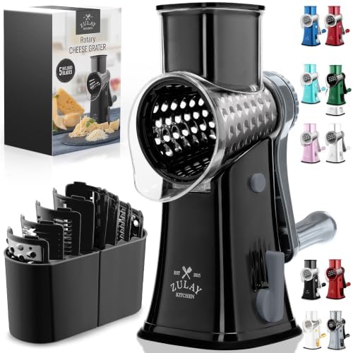 Zulay Kitchen Rotary Cheese Grater 5 Blade Cheese Shredder - Manual Hand Crank Cheese Grater With Reinforced Suction & 5 Interchangeable Drums - Easy to Use, Vegetable Chopper Round Mandoline Slicer by ZulayKitchen