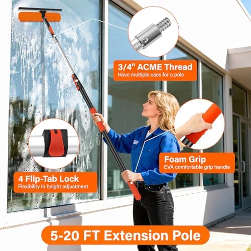 14" Window Squeegee with Extension Pole,26FT Reach High Window Washers for High Outside Windows,Professional Window Cleaning Tool Kit Include Replacement,180°Rotatable Squeegee for Indoor/Outdoor - Image 4
