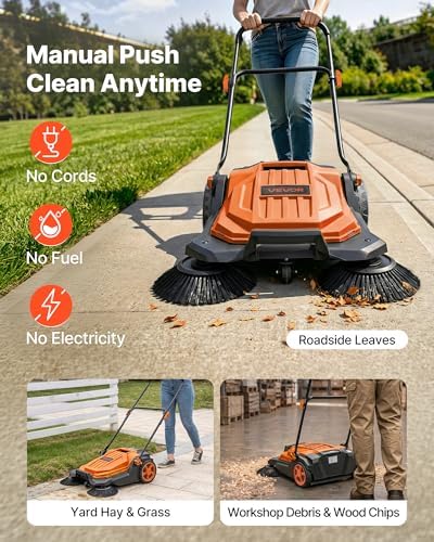 VEVOR Walk-Behind Hand Push Floor Sweeper, Manual Floor Sweeper Non-Electric with 25.6" Sweeping Width, 5 Gallons Waste Container & Adjustable Folding Handle for Yards Walkways Patios Garages - Orange - Image 3