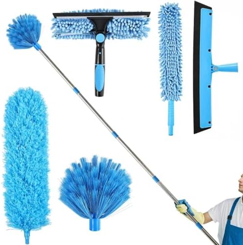 High Reach Duster Kit with14 ft Extension Pole High Ceiling Dusting and Window Cleaning Kit with Spliceable Pole - Cobweb Duster, Fan Blade, Window Washer & Squeegee and Feather Dusters by iHUFeather